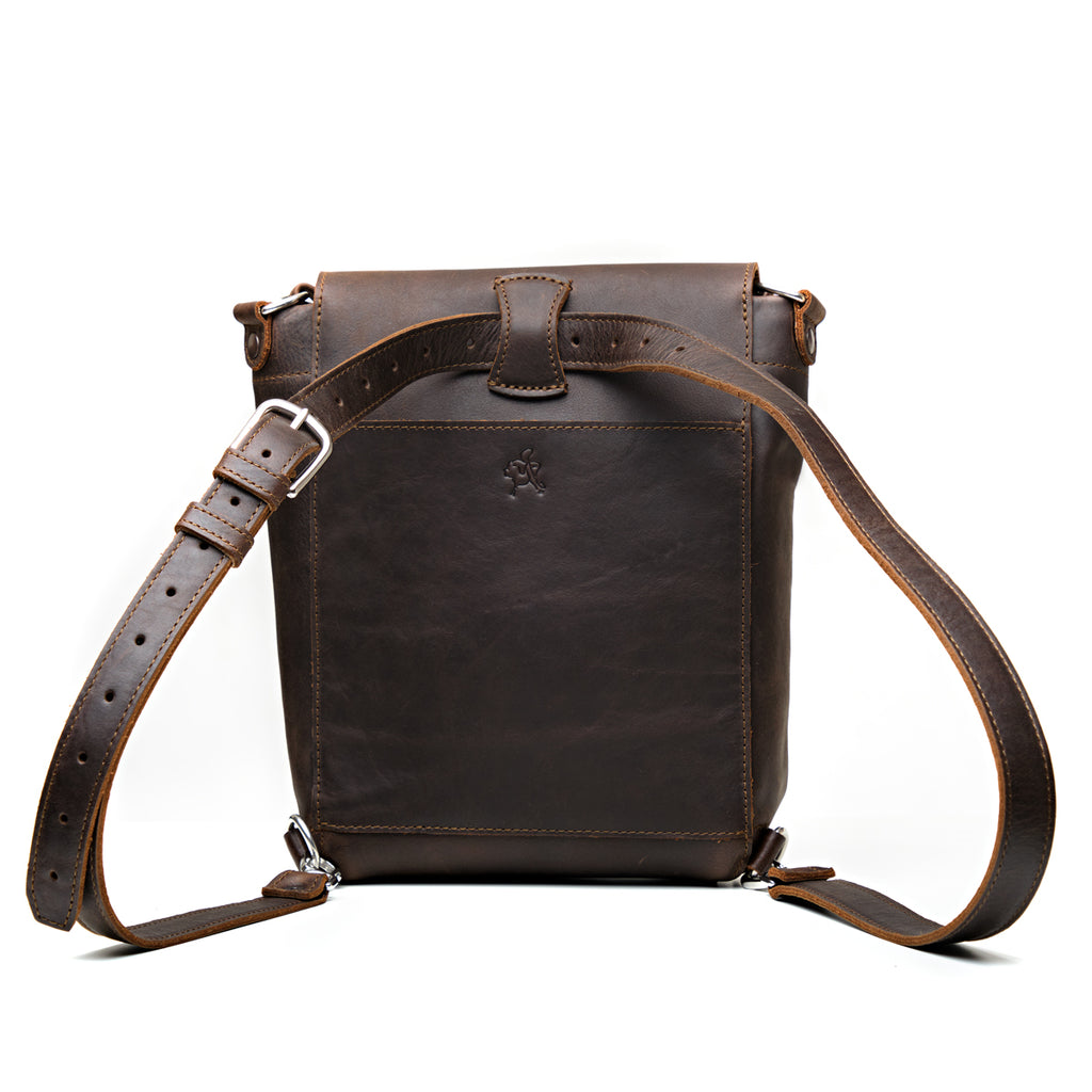 10" Convertible Crossbody in Dark Coffee Brown, back view with slip pocket and backpack straps