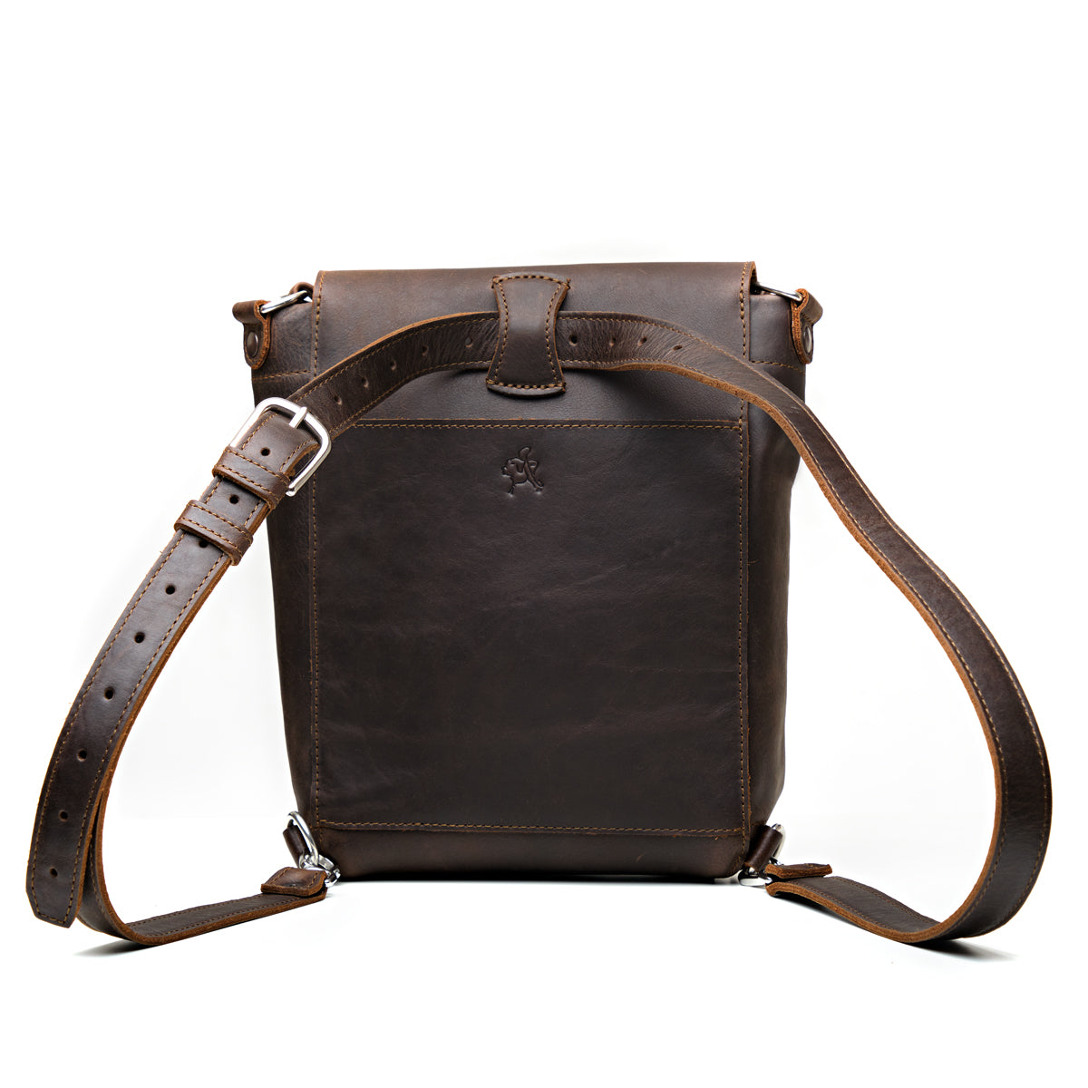 10" Convertible Crossbody in Dark Coffee Brown, back view with slip pocket and backpack straps