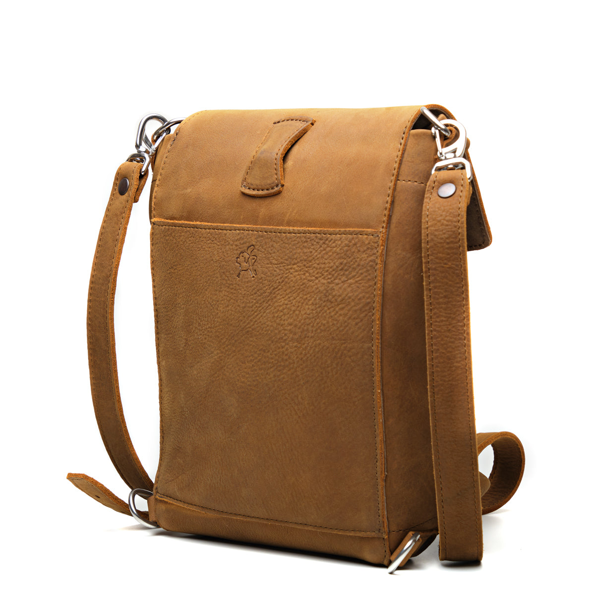 10" Convertible Crossbody in Tobacco, angled back view with slip pocket and strap