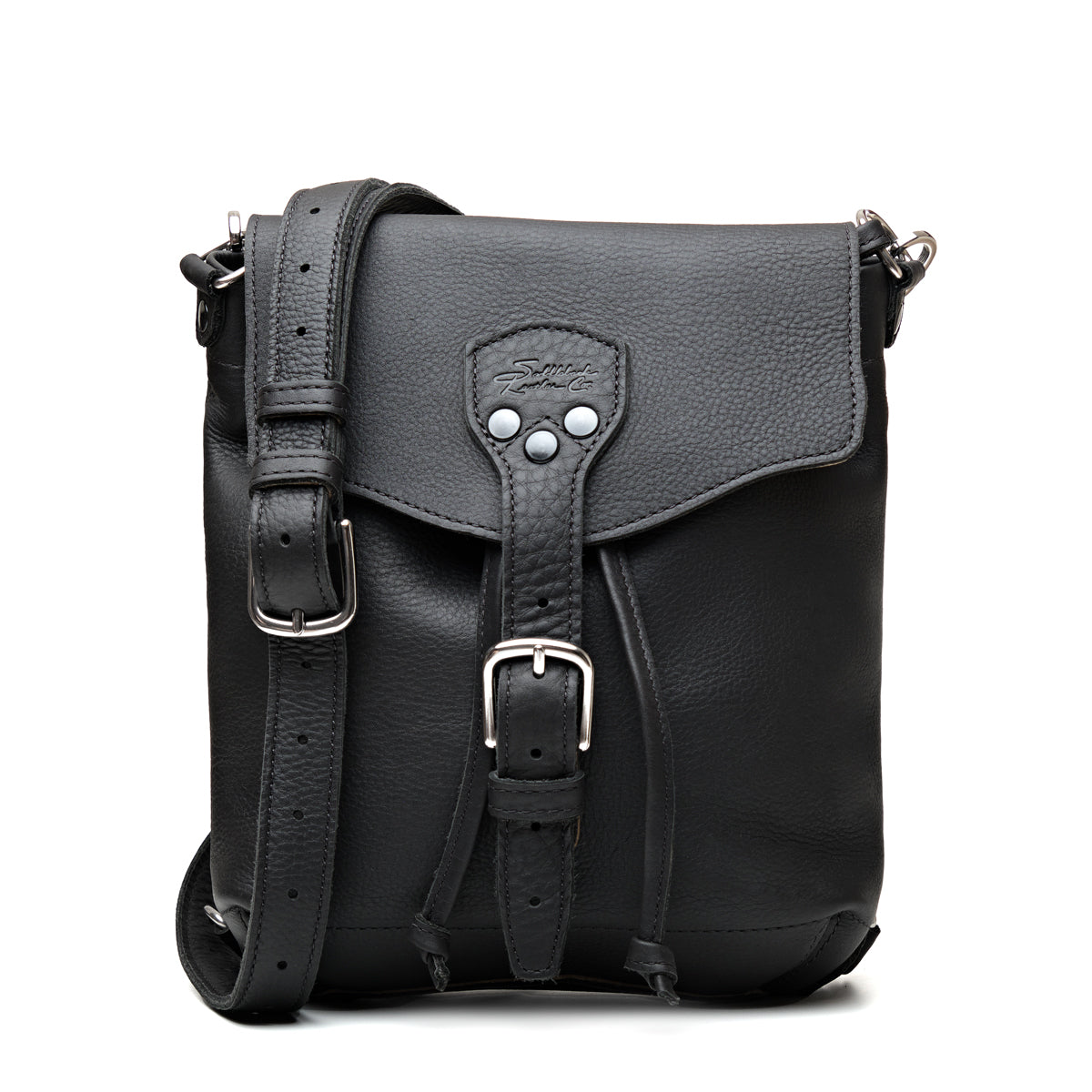 10" Convertible Crossbody in Black, front view with buckled flap, drawstring ties and strap
