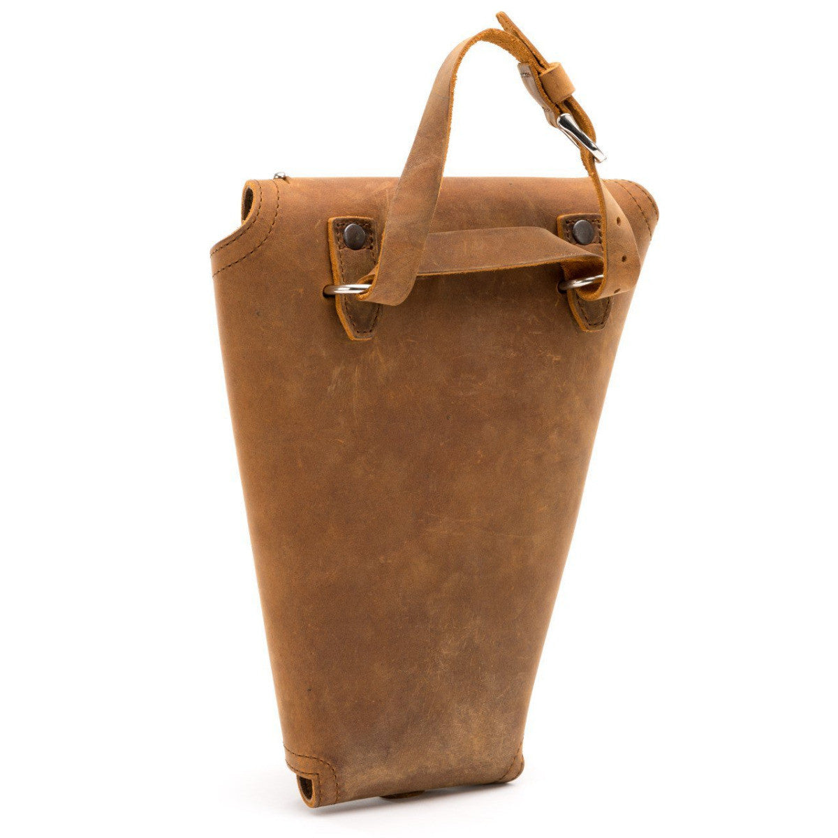 Leather Pistol Wrap in Tobacco, back view with riveted adjustable carry strap and buckle