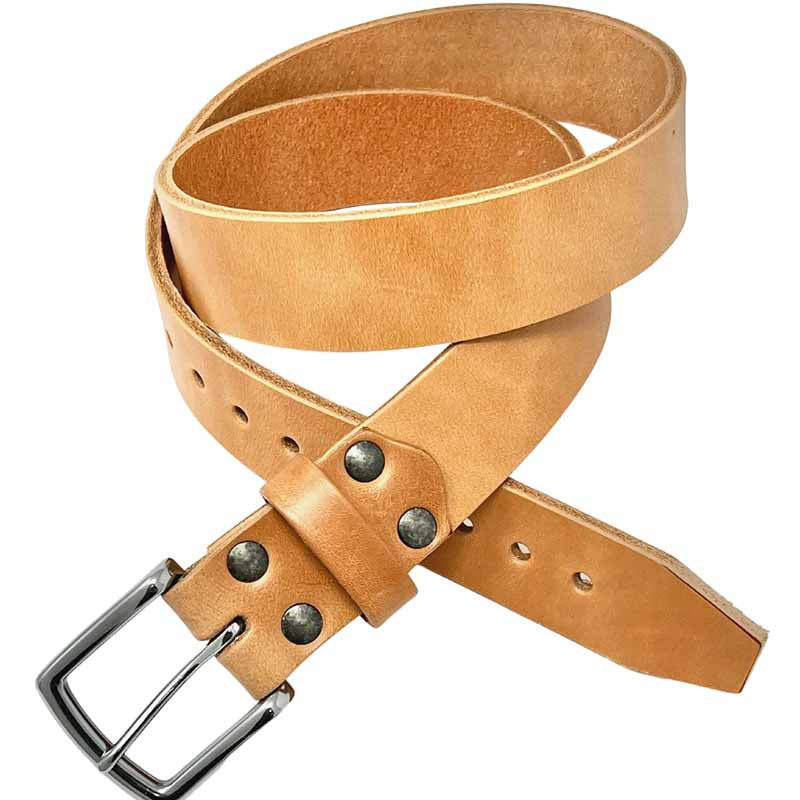 Old Bull Leather Belt in Natural with riveted buckle and dark metal hardware, coiled to show the thick strap