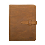 Large Leather Portfolio in Tobacco, closed, straight-on front view with strap closure and embossed logo