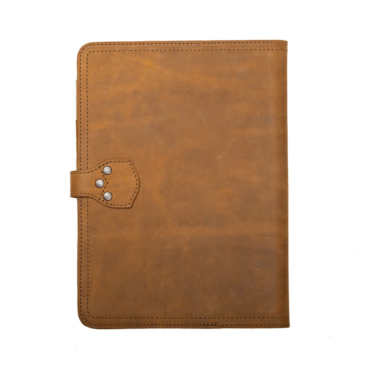 Large Leather Portfolio in Tobacco, back view showing the riveted strap anchor