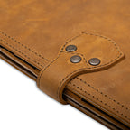 Large Leather Portfolio in Tobacco, close-up of the riveted strap closure and stitched edges