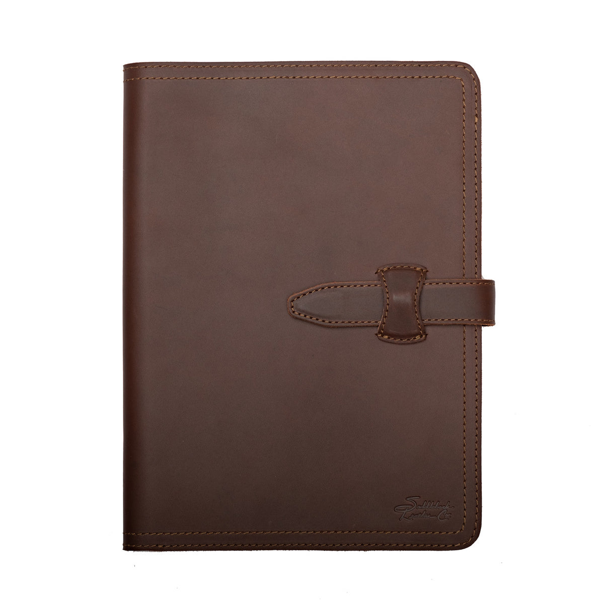 Large Leather Portfolio in Chestnut, closed, straight-on front view with strap closure and embossed logo