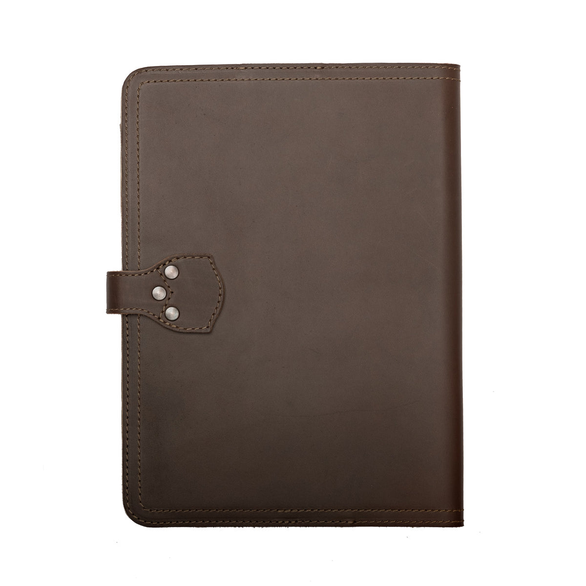 Large Leather Portfolio in Dark Coffee Brown, back view showing the riveted strap anchor