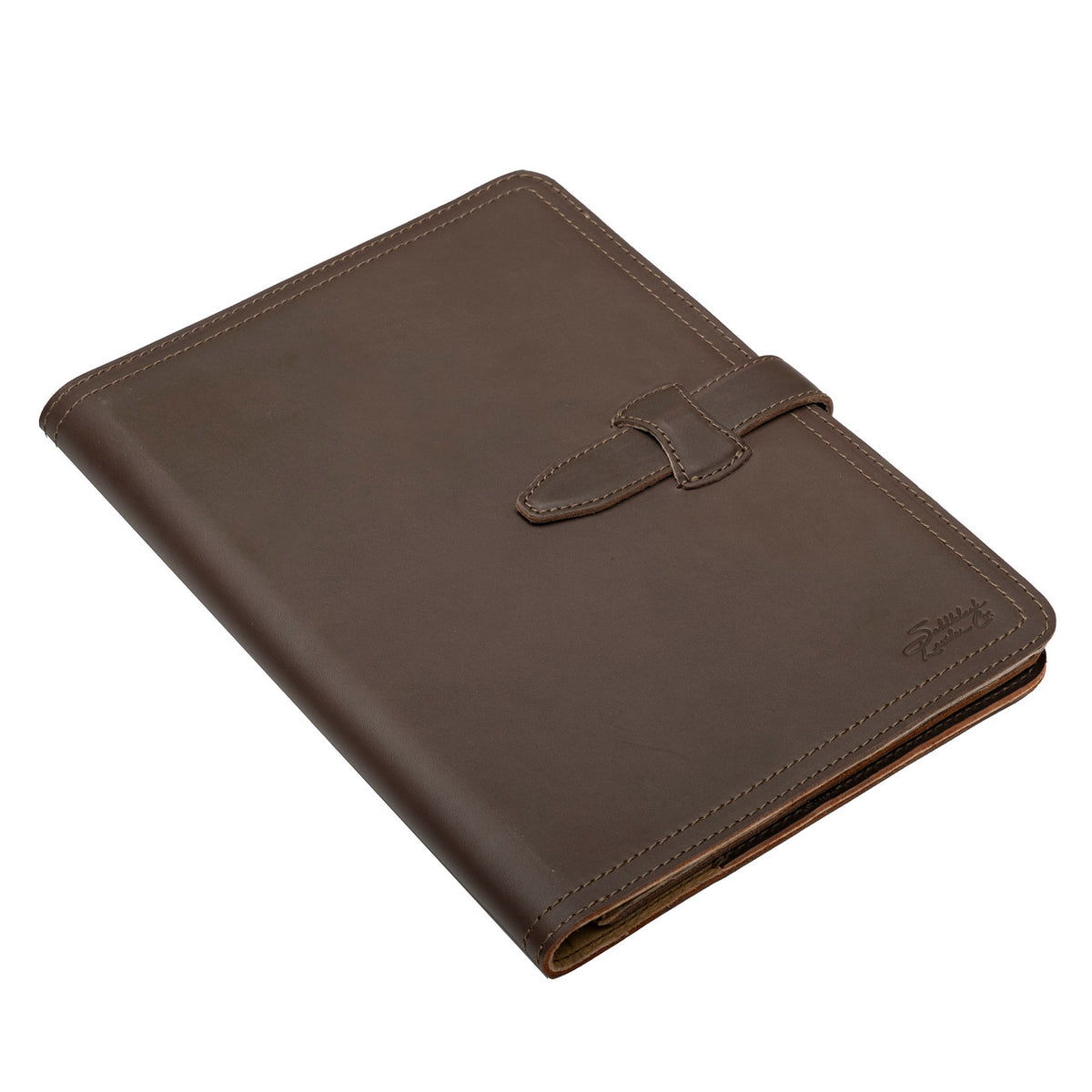 Large Leather Portfolio in Dark Coffee Brown, closed, angled view showing strap closure and embossed logo