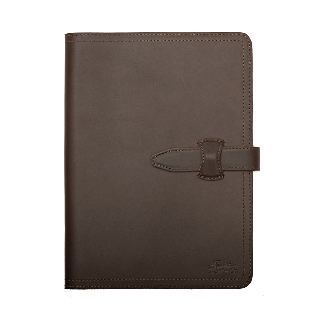 Large Leather Portfolio in Dark Coffee Brown, closed, straight-on front view with strap closure and embossed logo