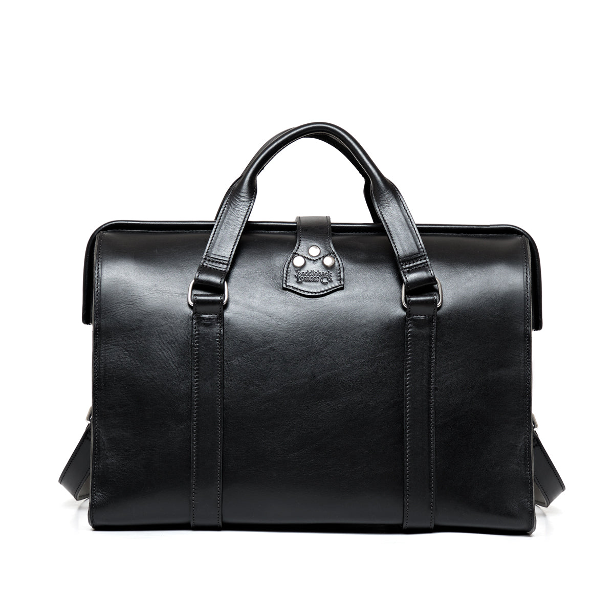 Spurgeon Briefcase in Raven Black, back view with handle straps and riveted leather tab