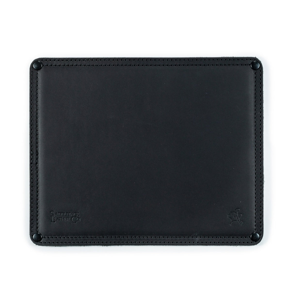 Mouse Pad in Black leather, top-down view with stitched border, corner rivets and embossed logo