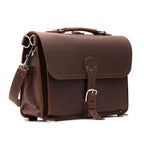 Slim Leather Briefcase in Chestnut, angled front view with buckle closure