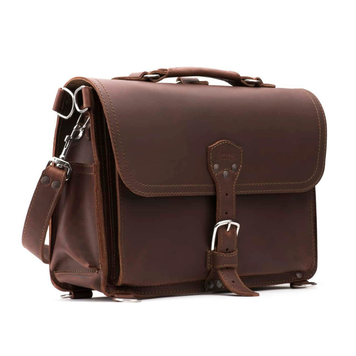 Slim Leather Briefcase in Chestnut, angled front view with buckle closure