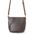 Crossbody Concealed Leather Bag in Dark Coffee Brown, front view with diagonal zipper pocket and strap