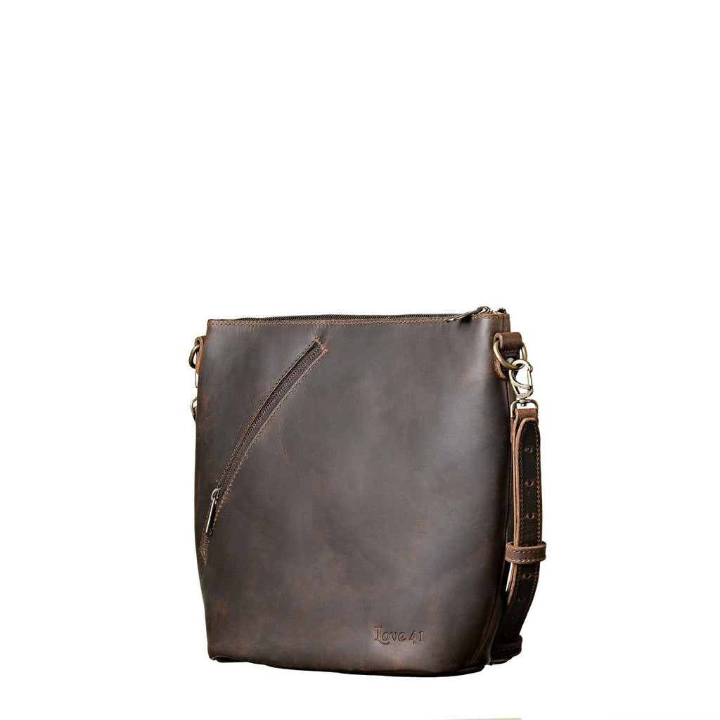 Crossbody Concealed Leather Bag in Dark Coffee Brown, angled front view with zipper pocket and strap