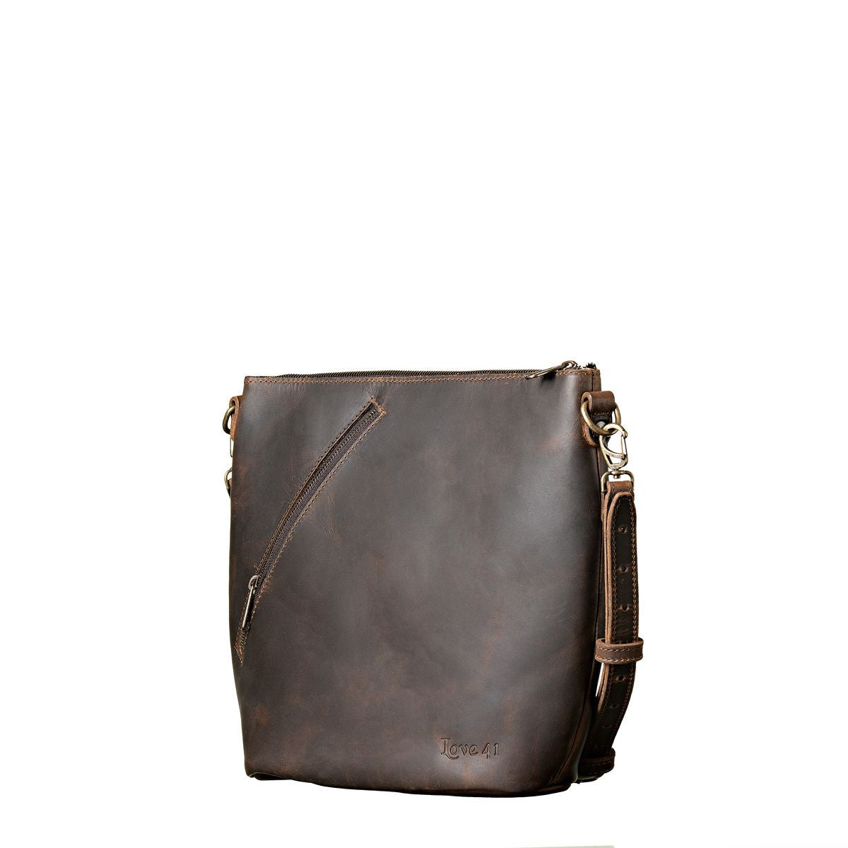 Crossbody Concealed Leather Bag in Dark Coffee Brown, angled front view with zipper pocket and strap