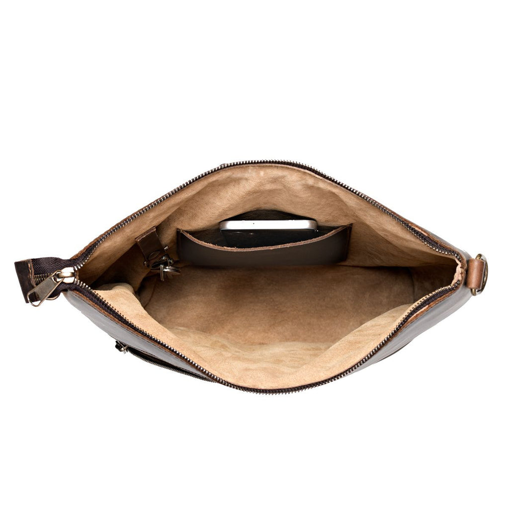 Crossbody Concealed Leather Bag in Dark Coffee Brown, unzipped top view showing suede interior and phone pocket