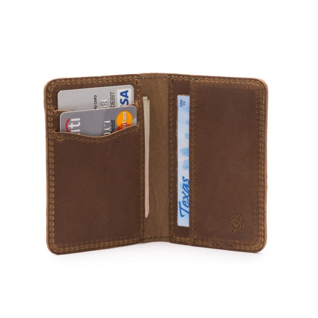 Slim Bifold Leather Wallet in Tobacco, open view with cards in the pockets