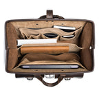 Barrister's Briefcase in Dark Coffee Brown, top view open and packed with a laptop, notebook, phone and leather case