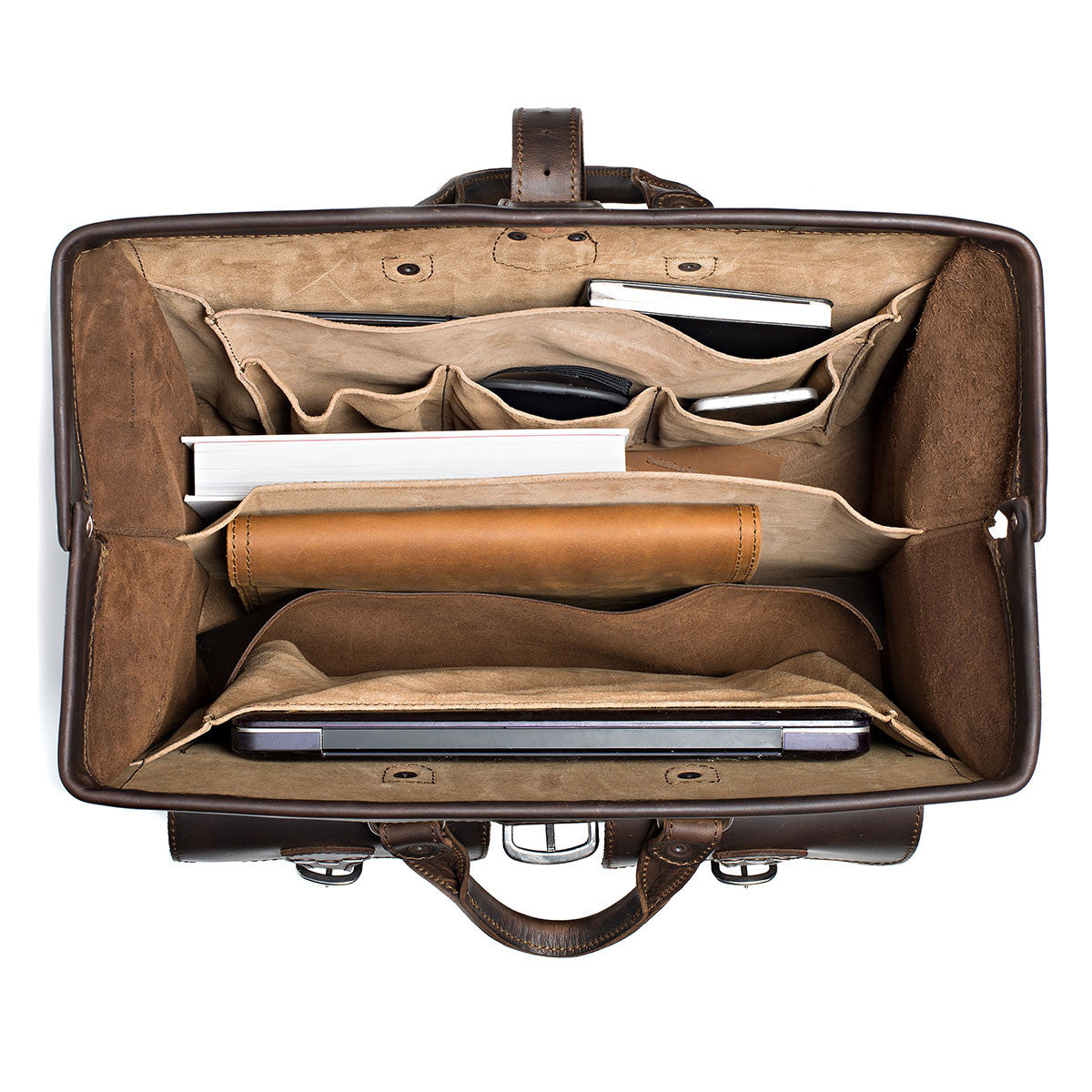 Barrister's Briefcase in Dark Coffee Brown, top view open and packed with a laptop, notebook, phone and leather case
