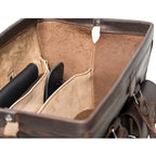 Barrister's Briefcase in Dark Coffee Brown, close-up of the open top showing suede lining and interior pockets
