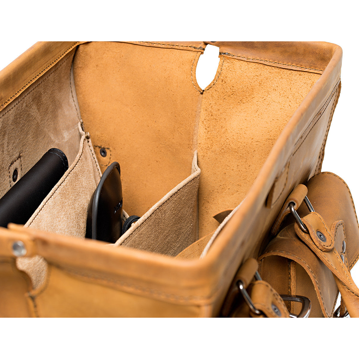 Barrister's Briefcase in Tobacco, close-up of the open top showing suede lining and interior organizer pockets