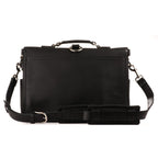 Front Pocket Leather Briefcase in Black, back view with top handle and padded shoulder strap
