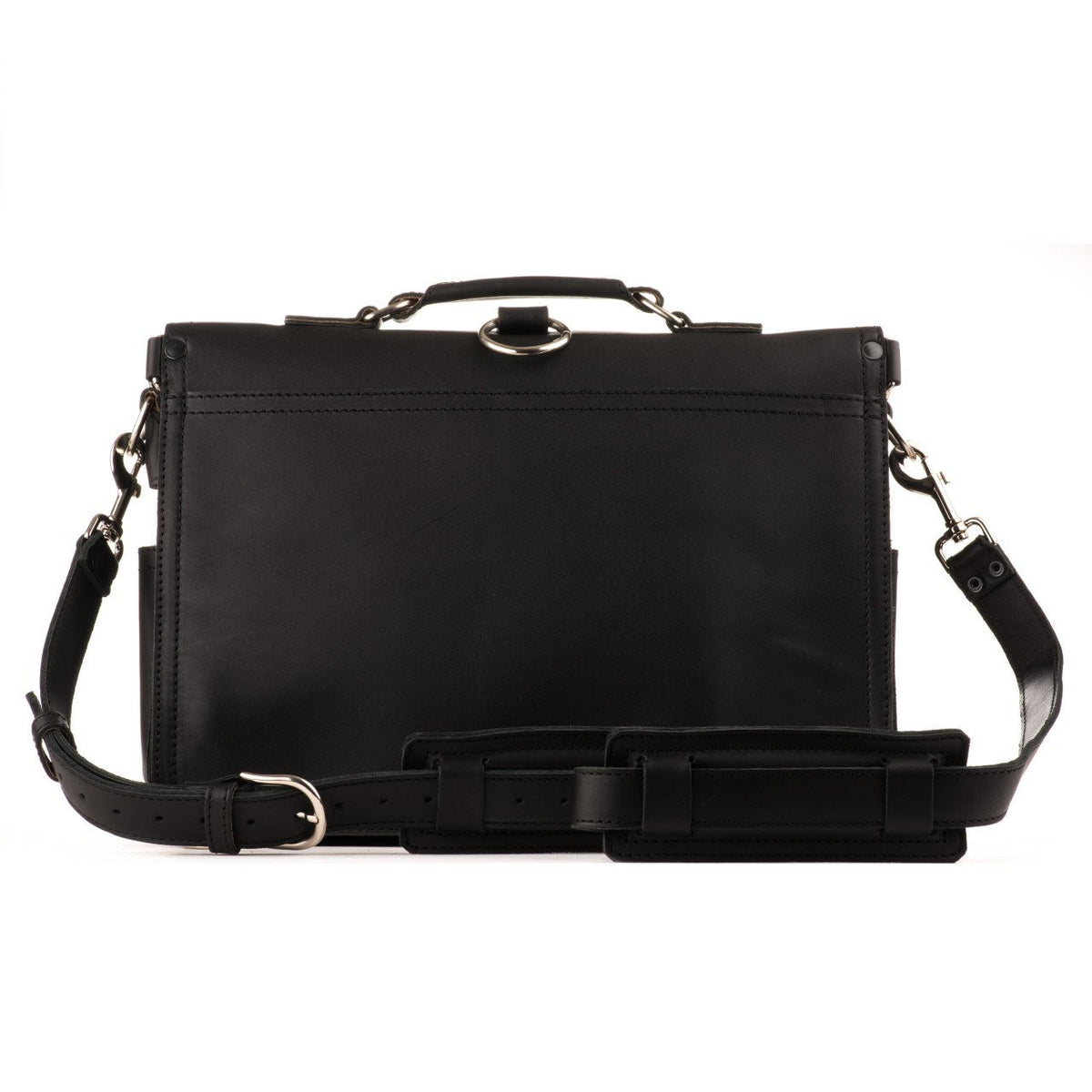 Front Pocket Leather Briefcase in Black, back view with top handle and padded shoulder strap