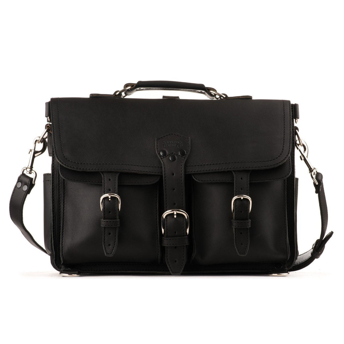 Front Pocket Leather Briefcase in Black, front view with two buckled front pockets, flap strap and shoulder strap