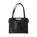 Professional Leather Tote in Black, front view with shoulder handles, cutout grip and a phone in the front pocket