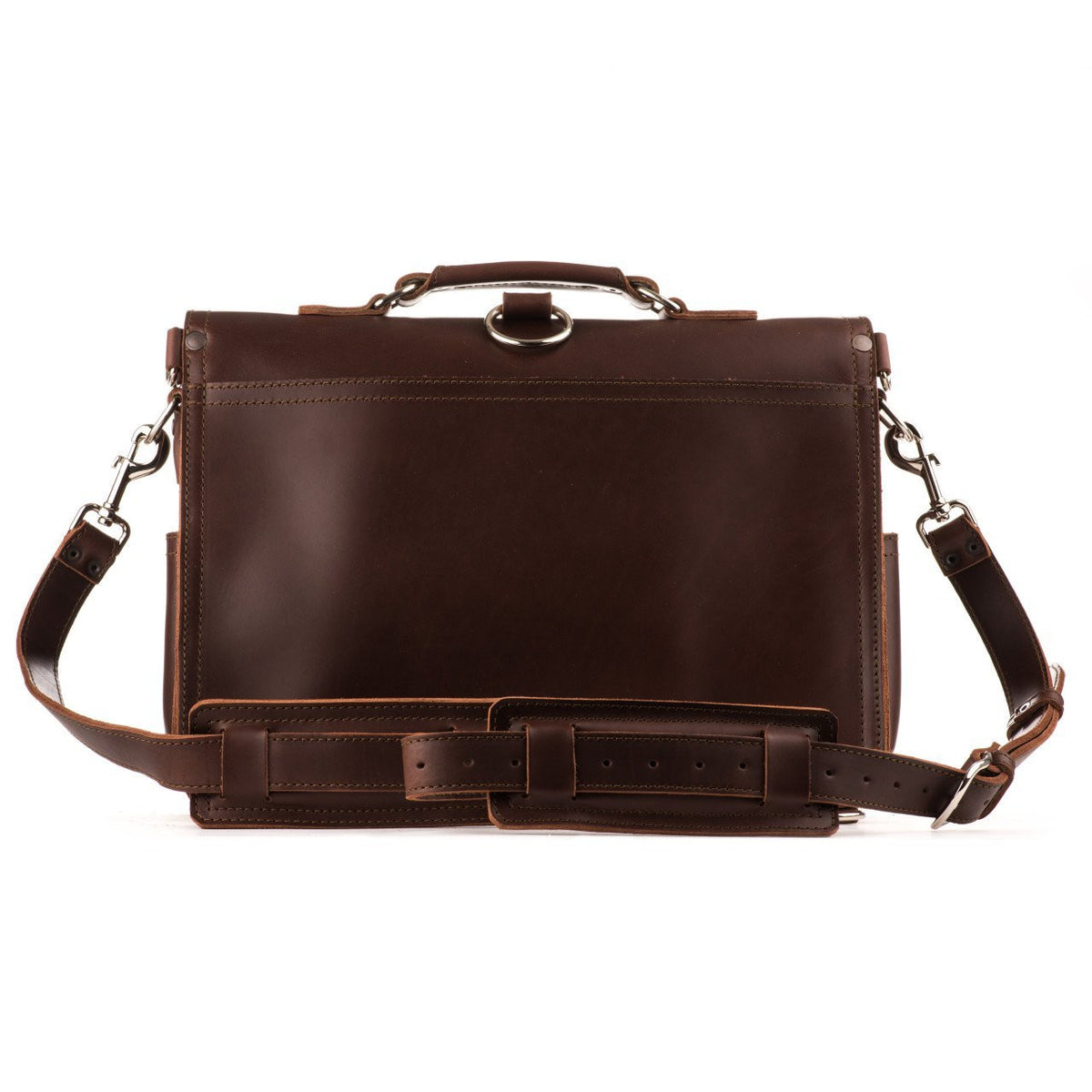 Front Pocket Leather Briefcase in Chestnut, back view with top handle and padded shoulder strap