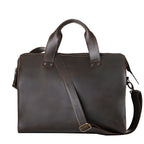 Simple Overnight Leather Duffle Bag in Dark Coffee Brown, front view with top handles and shoulder strap