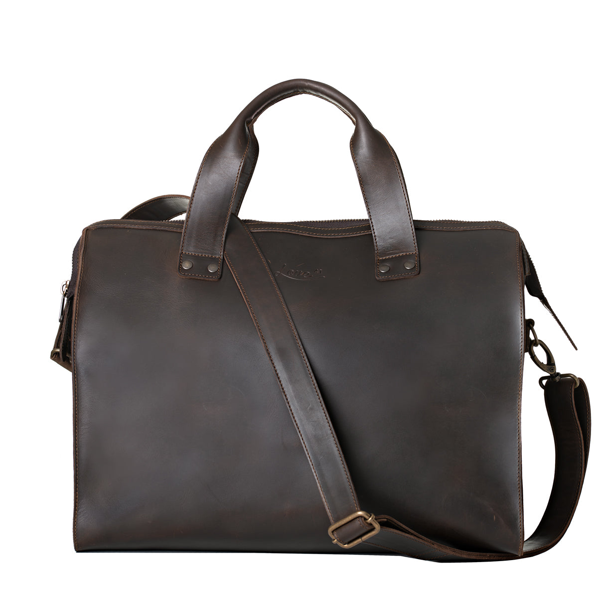 Simple Overnight Leather Duffle Bag in Dark Coffee Brown, front view with top handles and shoulder strap