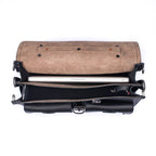 Front Pocket Leather Briefcase in Black, top view with flap open showing a laptop and interior compartments