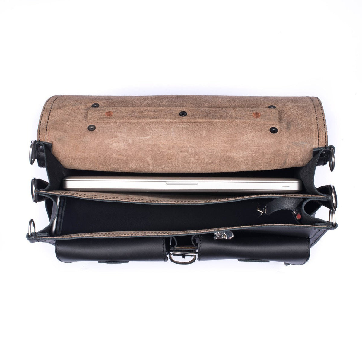 Front Pocket Leather Briefcase in Black, top view with flap open showing a laptop and interior compartments