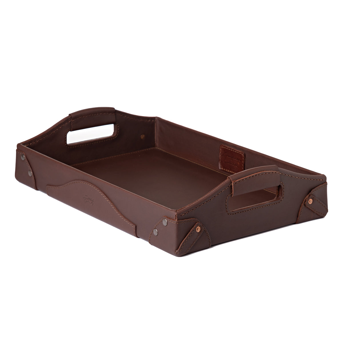 Grandfather Serving Tray in Chestnut leather, angled view with cut-out carry handles and riveted corners
