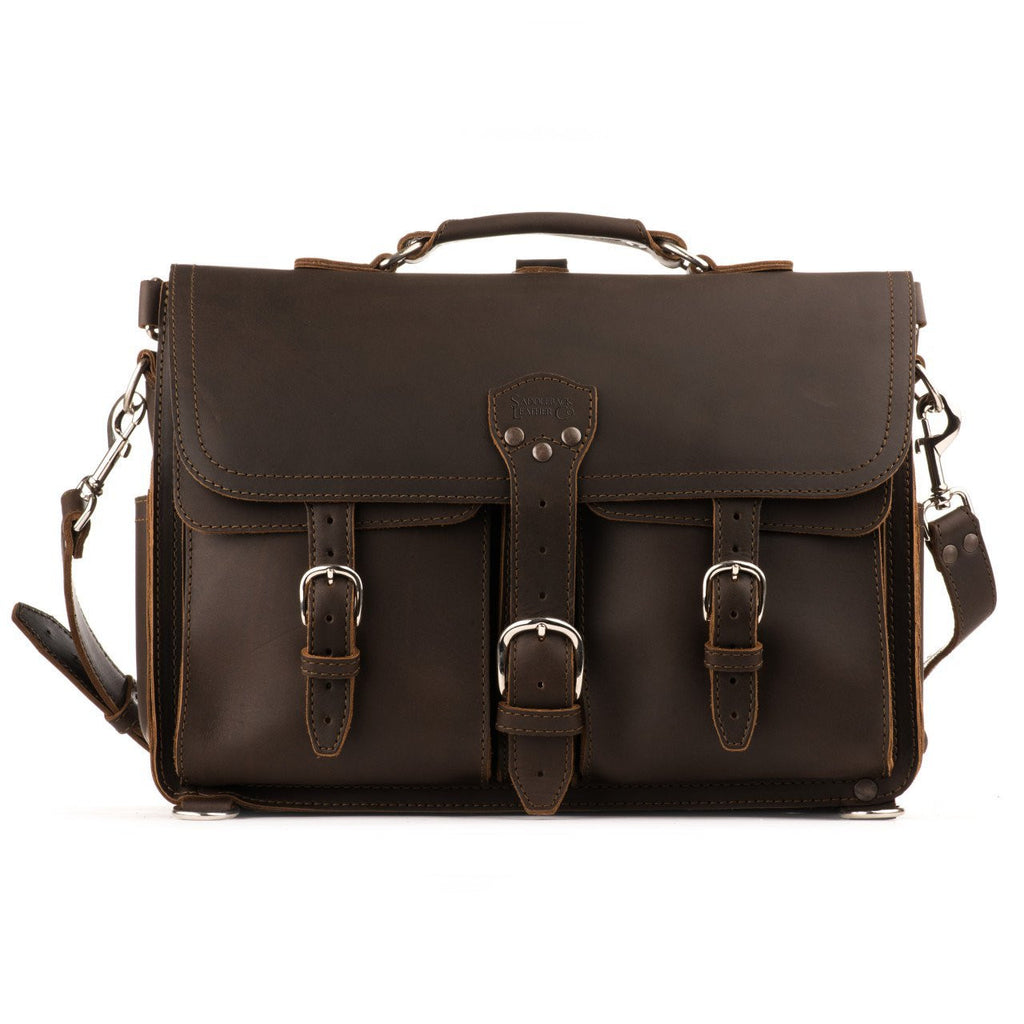 Front Pocket Leather Briefcase in Dark Coffee Brown, front view with two buckled front pockets, flap strap and shoulder strap