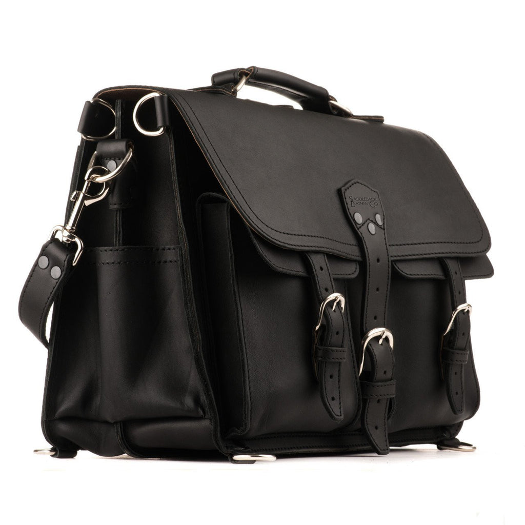 Front Pocket Leather Briefcase in Black, angled front view with buckled front pockets and side pocket