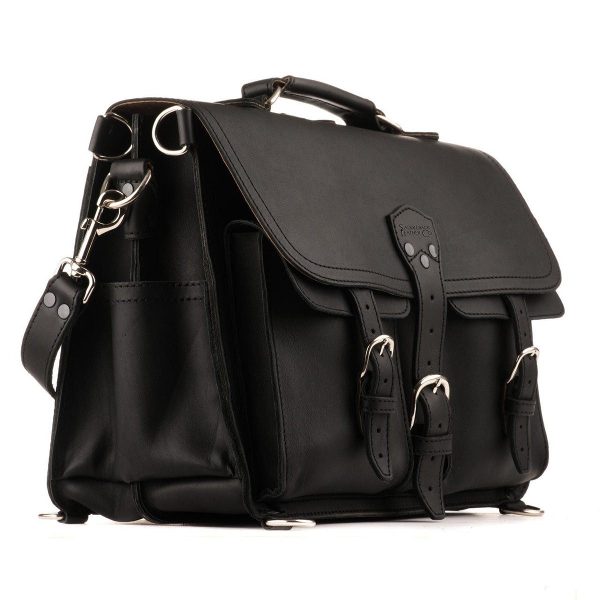 Front Pocket Leather Briefcase in Black, angled front view with buckled front pockets and side pocket