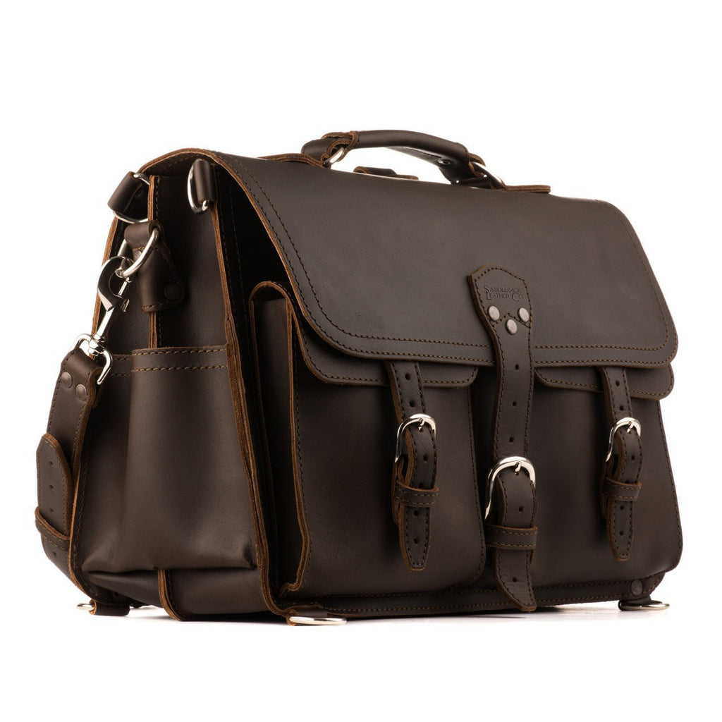 Front Pocket Leather Briefcase in Dark Coffee Brown, angled front view with buckled front pockets and side pocket