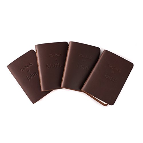Leather Pocket Bibles Four Gospels in reddish brown, four embossed gospel books fanned out