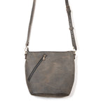 Crossbody Concealed Leather Bag in Black with weathered gray finish, front view with diagonal zipper