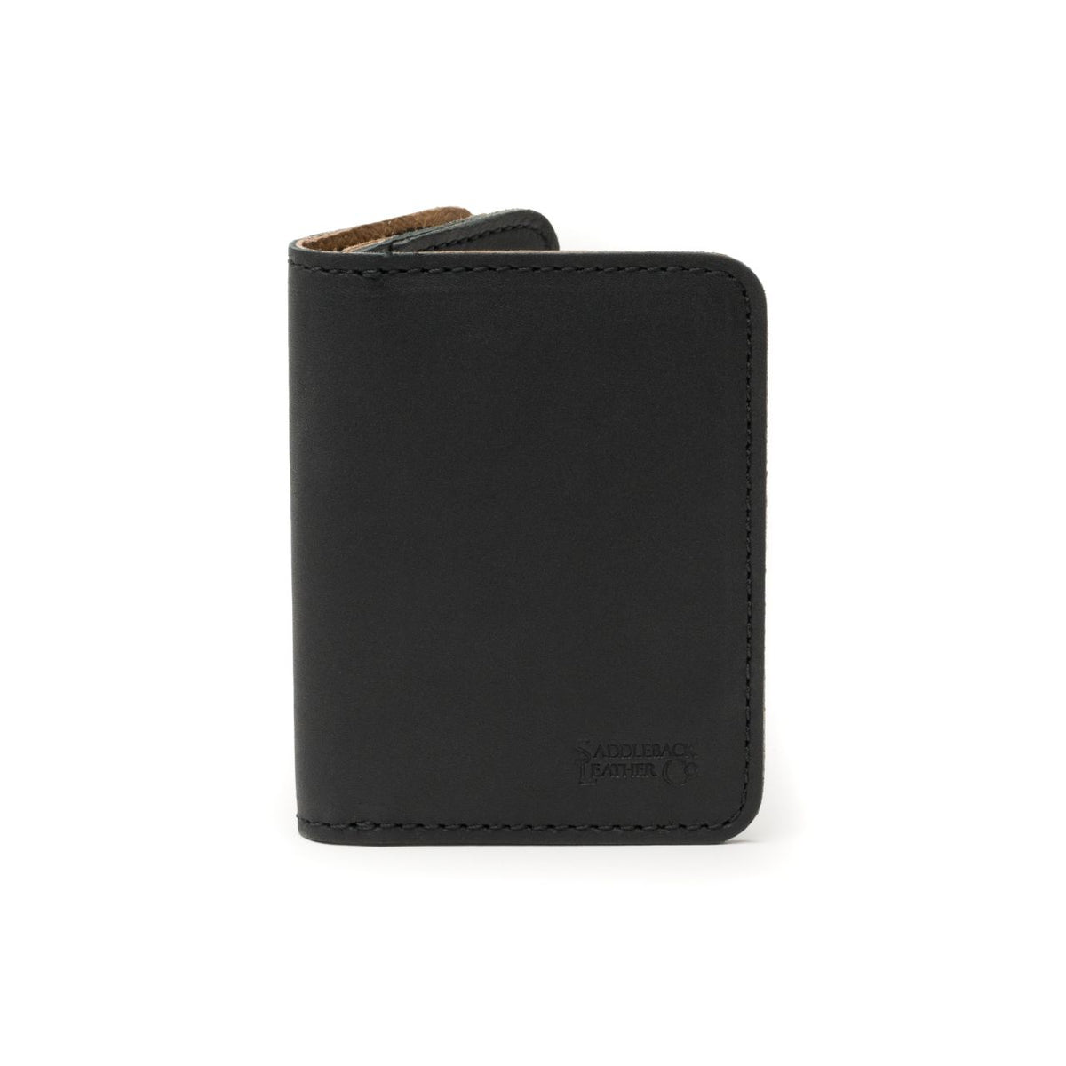 Leather Business Card Holder Wallet in Black, closed and standing upright, front view