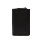 Slim Business Card Holder in Black leather, closed front view with embossed logo
