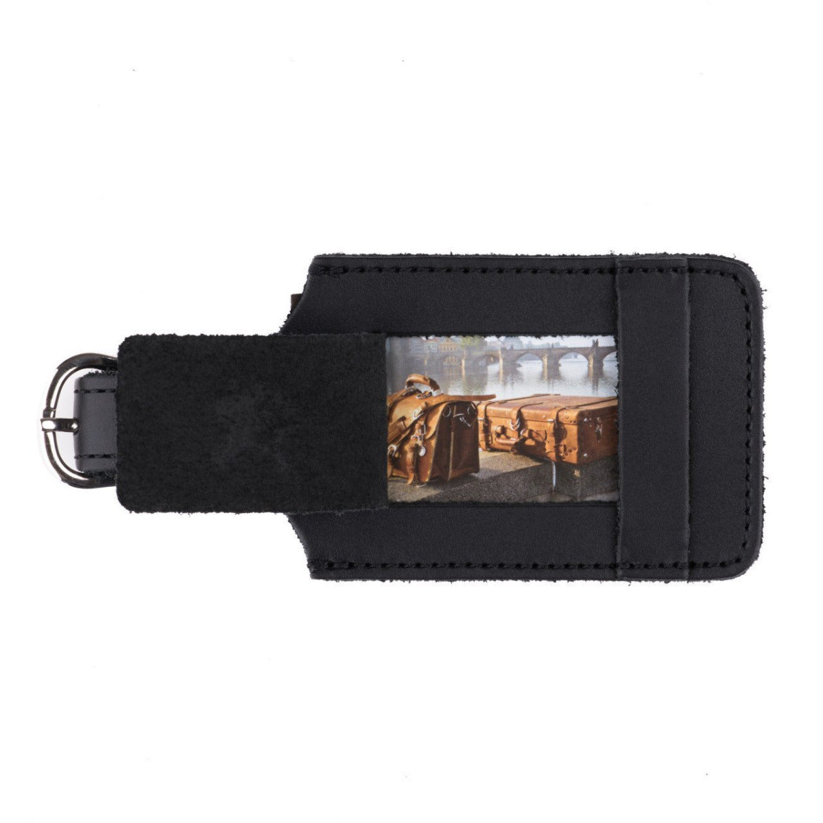 Leather Luggage Tag in Black with a photo card of leather luggage in the window and buckled strap, front view