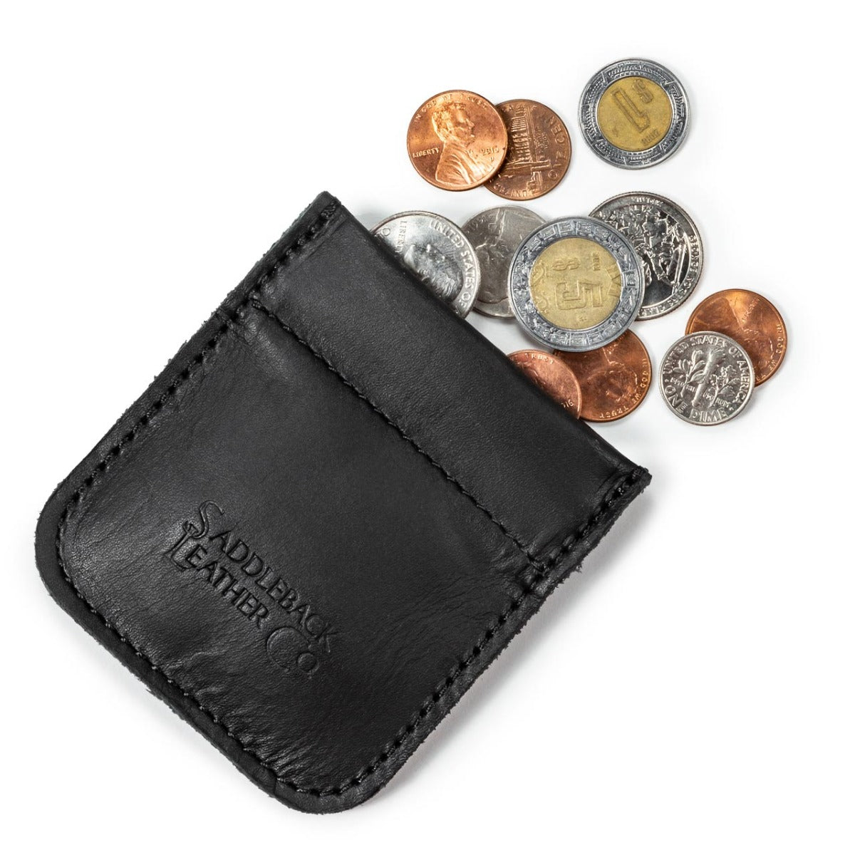Bear Trap Leather Coin Purse in Black with coins spilling out and embossed Saddleback Leather Co. logo