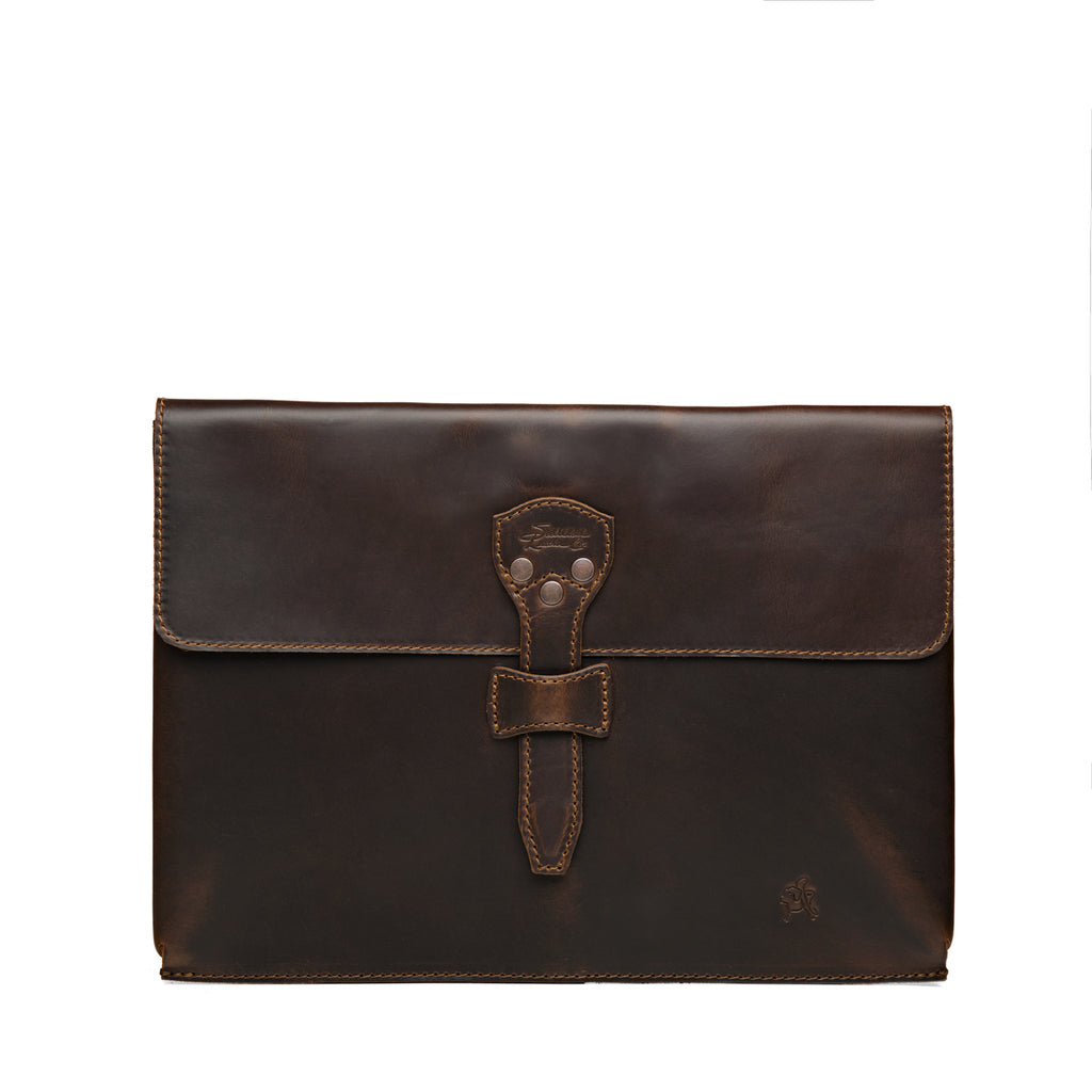 16" Document Holder in Dark Coffee Brown, front view with riveted strap closure and embossed logo