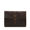 16" Document Holder in Dark Coffee Brown, front view with riveted strap closure and embossed logo