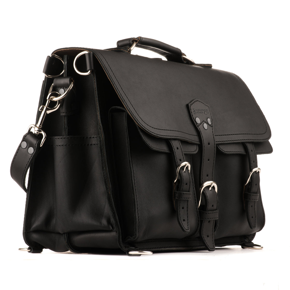 Front Pocket Leather Briefcase in Black, angled front view with buckled front pockets, top handle and shoulder strap