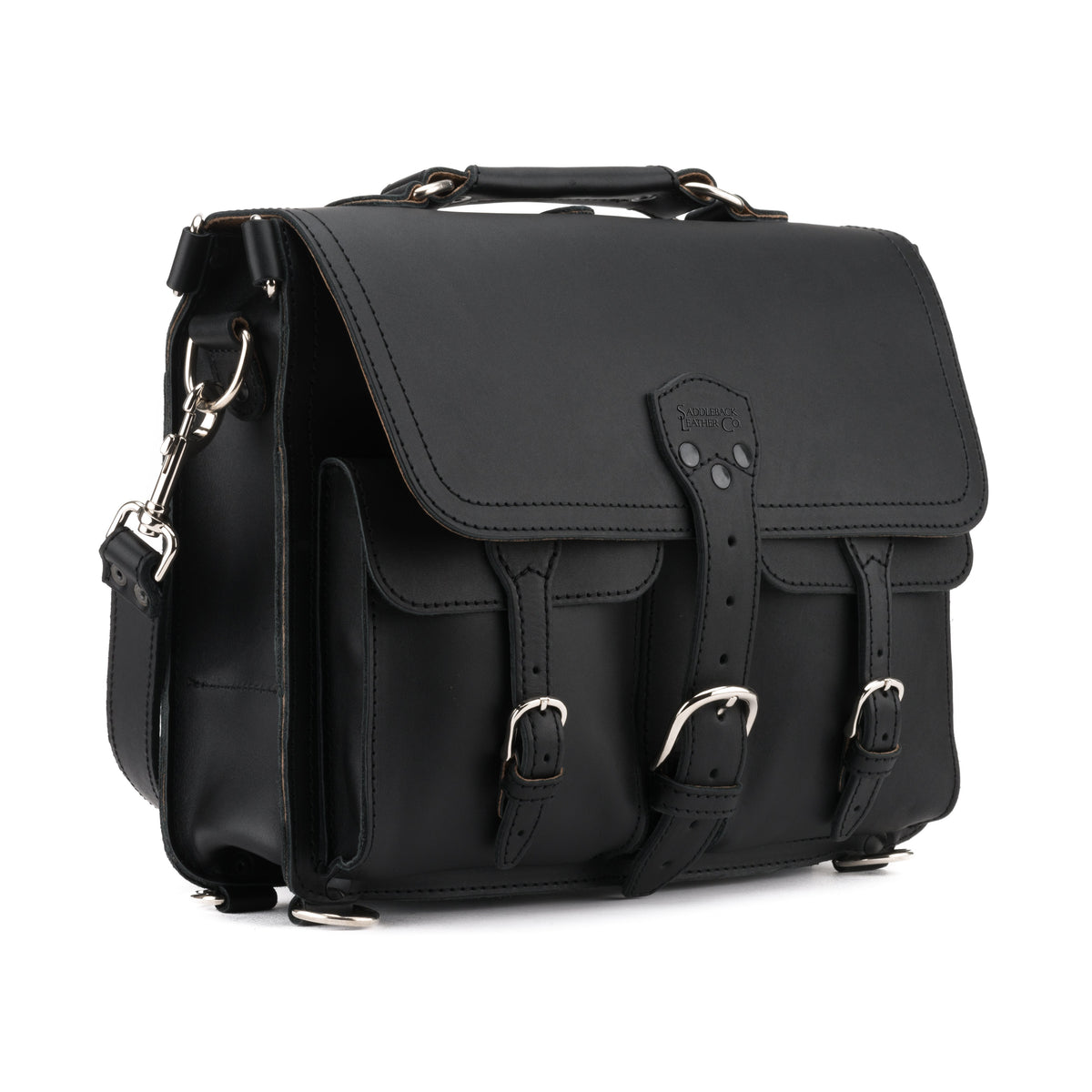 Thin Front Pocket Leather Briefcase in Black, angled front view with two buckled front pockets and shoulder strap